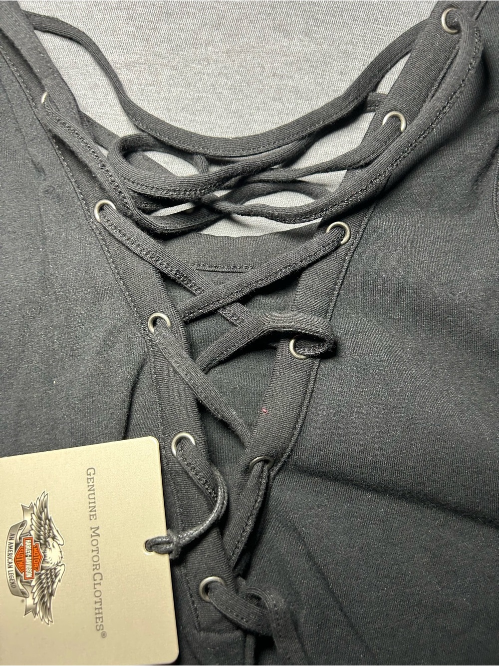 Harley-Davidson Black Lace-Up Camisole Tank with Rust Feather Graphic - Picture 7 of 9